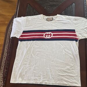 Gucci White Tee with Red and Blue Stripes